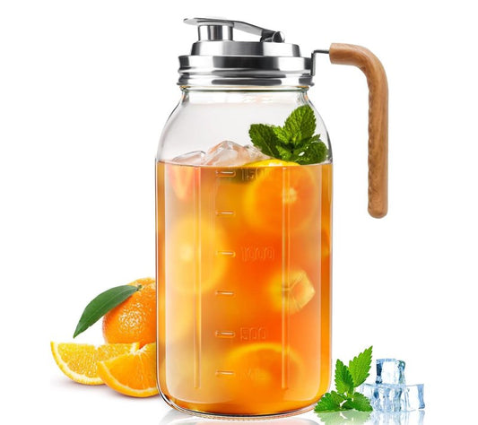 Glass Pitcher With Lid,304 Stainless Steel Lid,2 Seal Ring,64 oz(2 Quart/1.8 Liter),Mason Jar Cold Brew Water Iced Tea Brewing Breast Milk Pitcher,Sun Tea Glass Jar For Outside,Pitchers For Drinks