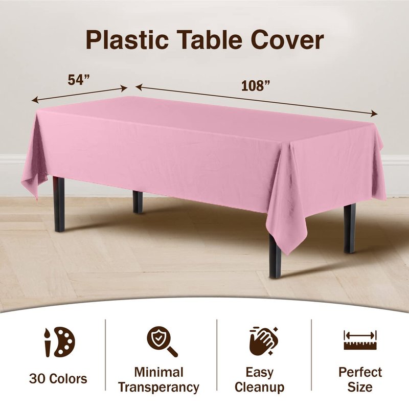 Exquisite Party Solids 6-Pack Premium Plastic Tablecloth 54in. x 108in. Rectangle Plastic Table Cover - Pink