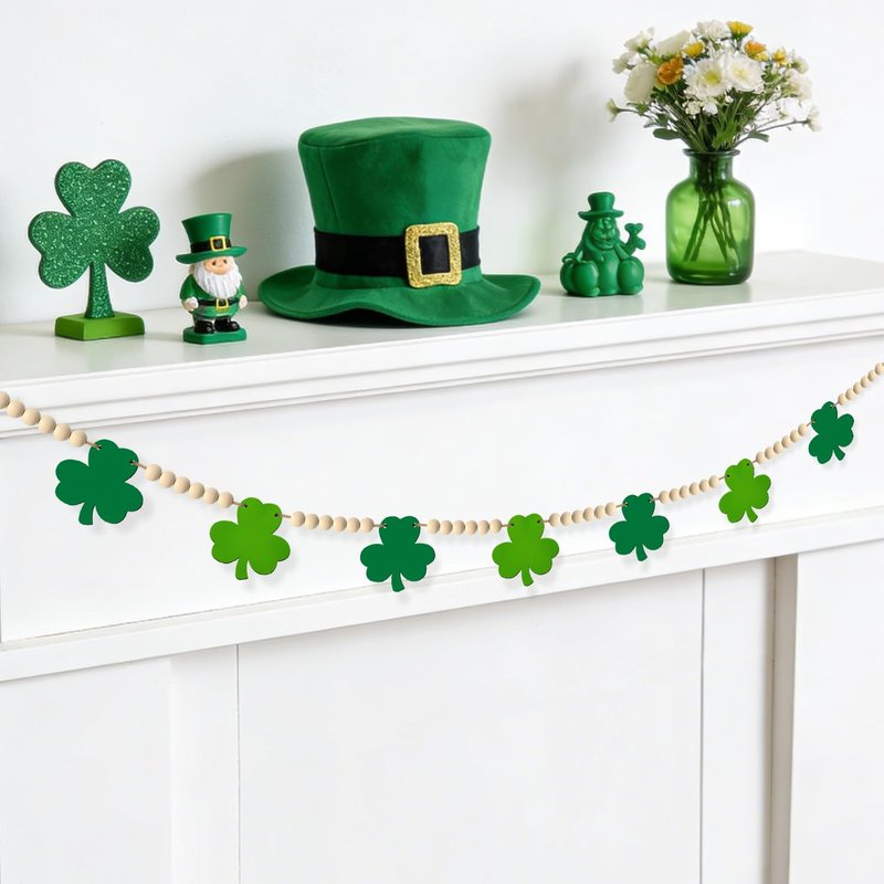 St Patricks Day Decorations St Patricks Day Decor Pre-Assembled Irish Wooden Beads Shamrock Garland Decorations for Mantel Wall Decor March Celebration Home Party Birthday
