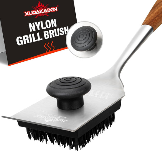 XUDAKAIXIN Nylon Grill Brush - Dual Grip Design with Luxurious Acacia Wood Handle | Safe for Cooled Grates (Black)