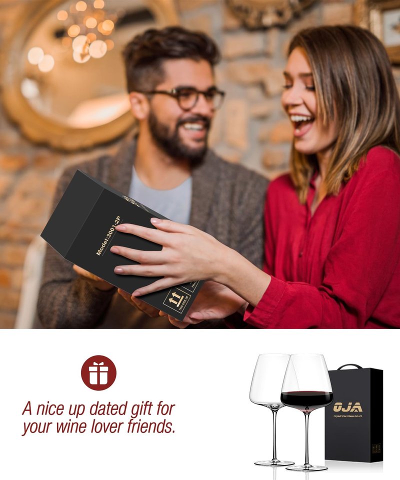 OJA Red Wine Glasses Set of 2, Large Burgundy Glasses 23 OZ, Hand Blown Crystal Glass Light, Clear, Best for Wine tasting, Birthday, Christmas, Anniversary, Father's Day