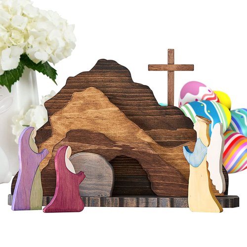 IoF Easter Resurrection Scene Ornament, Wooden Religious He is Risen Easter Decorations, Wood Christian Empty Tomb Figurines, Jesus Nativity Home Decor Set Gifts for Kids for Easter, Christmas, Office