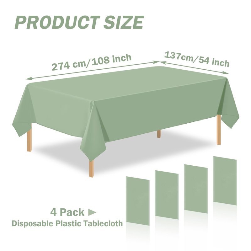 PUSAEN 4 Pack Sage Green Plastic Table Cloth Disposable Rectangle Tablecloth 54 x 108 Inch, Sage Green Plastic Table Covers for Birthday Wedding Banquet Picnic Holiday Party Decorations
