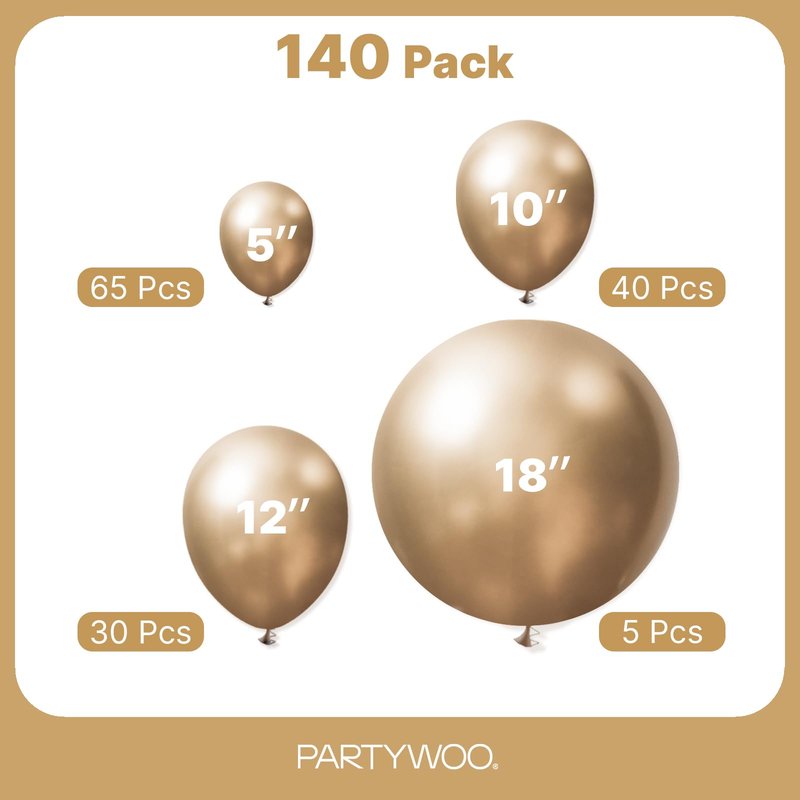PartyWoo Metallic Gold Balloons 140pcs Different Sizes of 18 12 10 5 Inch Chrome Gold Balloon Arch Kit Garland for Birthday Graduation Baby Shower Wedding Bachelorette Party Decorations Gold-G127