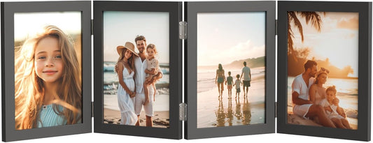 WARM&LOVE 4x6 Rustic Wood Picture Frame - Four Folding Hinged Family Photo Collage Stand | Perfect Gift for Birthdays