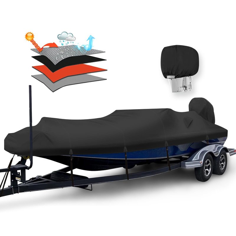 Solim Waterproof 1200D PU Boat Cover with Motor Cover, Heavy Duty Marine Grade Trailerable Polyester Canvas, Fits 20-22ft V-Hull, Runabout, Fishing, Ski Boat with Straps, Black