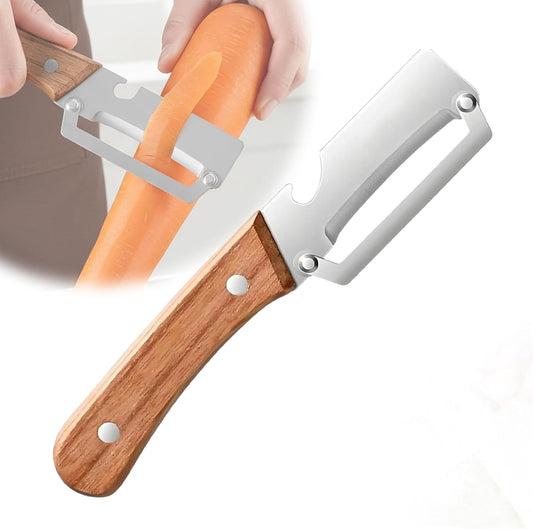 Sakerplus Multifunctional Vegetable Peeler - Premium Stainless Steel Blade with Wooden Handle & Bottle Opener