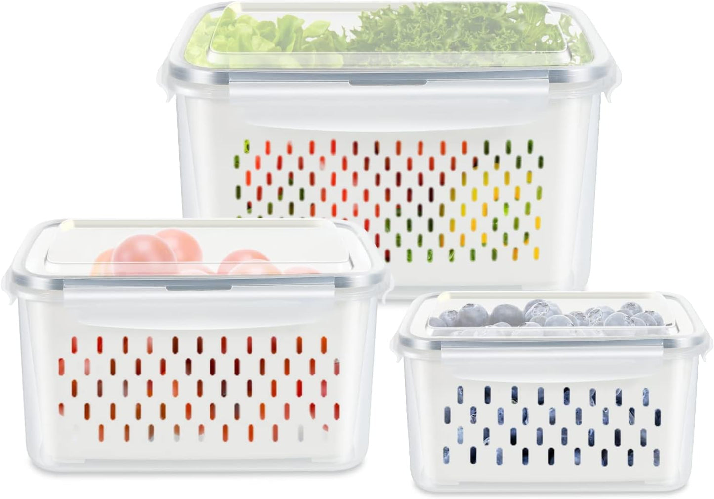 Skiennix Fruit Storage Containers - 3 Pack Produce Saver with Drain Colanders | Refrigerator Organizer for Fresh Vegetables