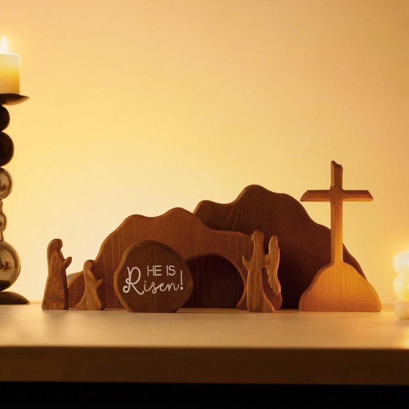 zonhajia The Empty Tomb Easter Scene, Christian Cross Decorations, Wooden Nativity Set, Decorations Religious Jesus Tomb Easter Kit Display for Home, Tabletop, Office, Gift