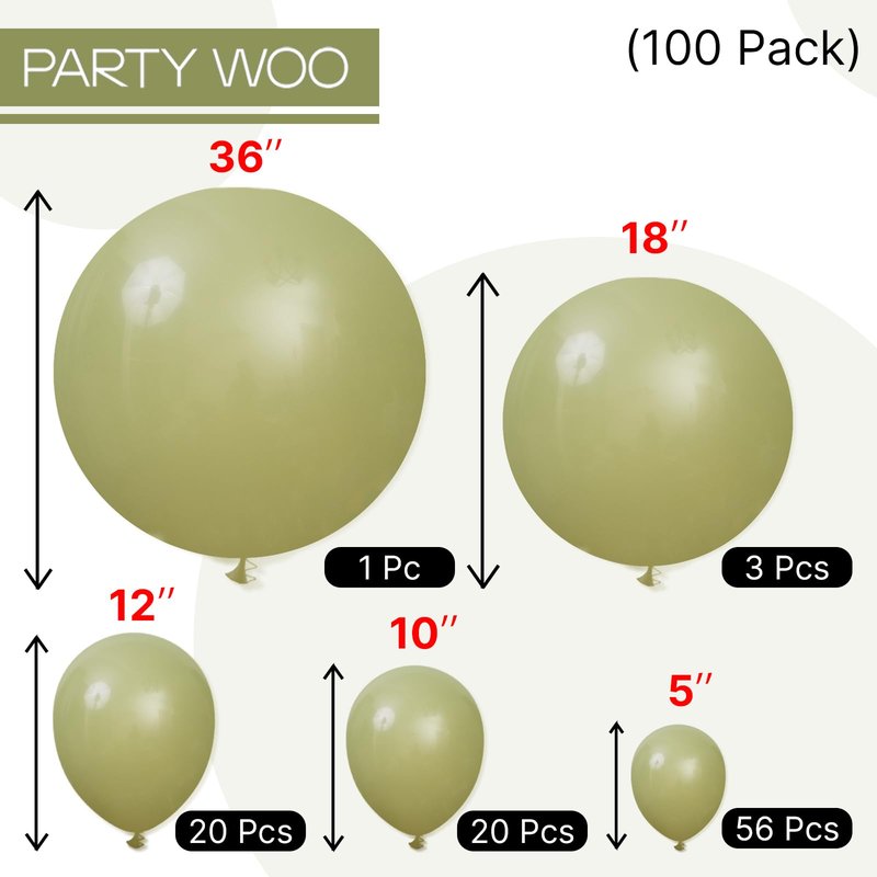 PartyWoo Sage Green Balloons 100pcs Different Sizes of 36 18 12 10 5 Inch Olive Boho Green Latex Balloon Arch Kit for Wedding Birthday Dinosaur Jungle Golf Football Theme Party Decorations Green-F11