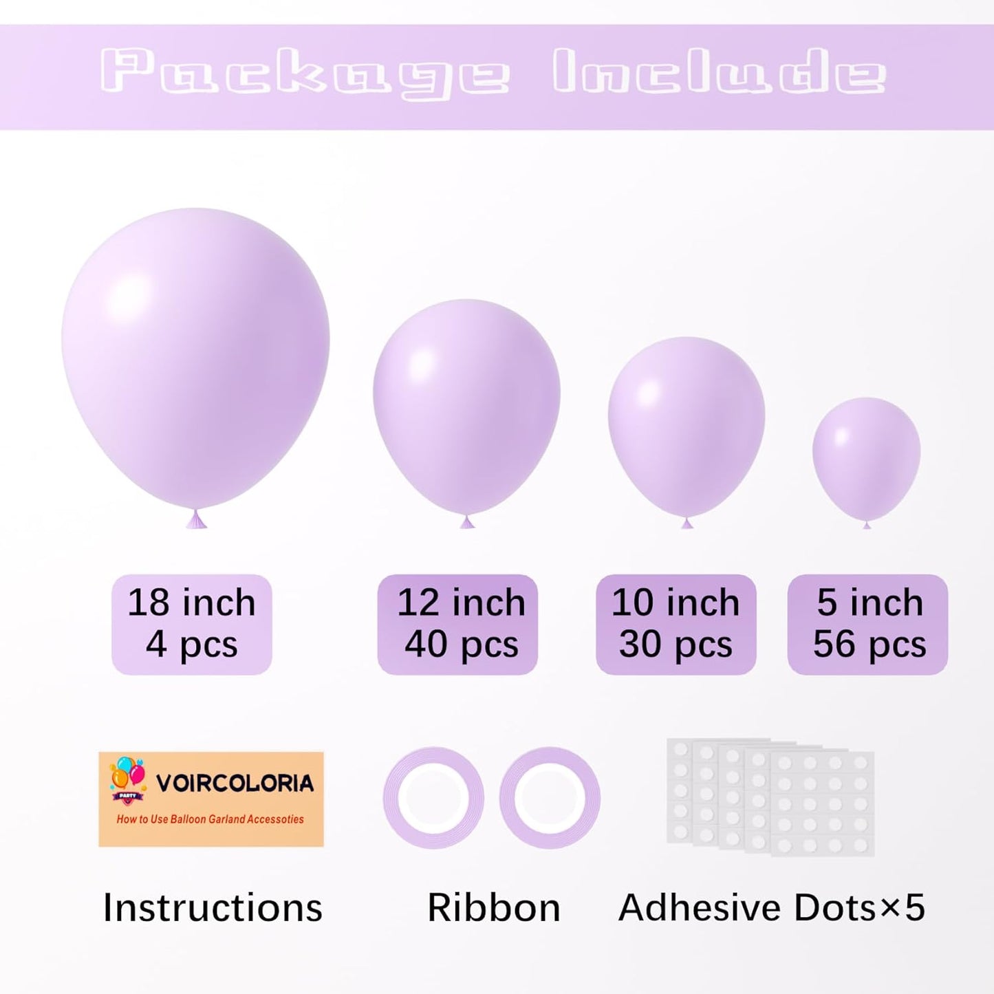 Voircoloria 130pcs Pastel Purple Balloon Garland Kit - Light Purple Latex Balloons in Various Sizes for Birthday, Baby Shower, Graduation & Gender Reveal Parties