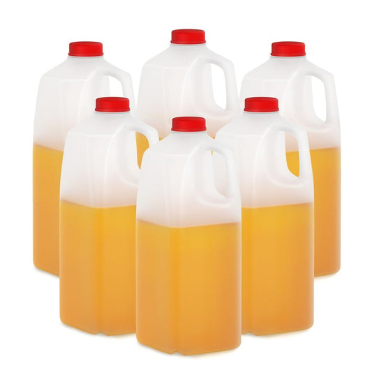 KitchenDine Plastic Milk Bottles, 64 Oz HDPE Material, Juice Bottles with Red Tamper-Evident Caps, Set of 6, Clear bottle with Red cover (6)