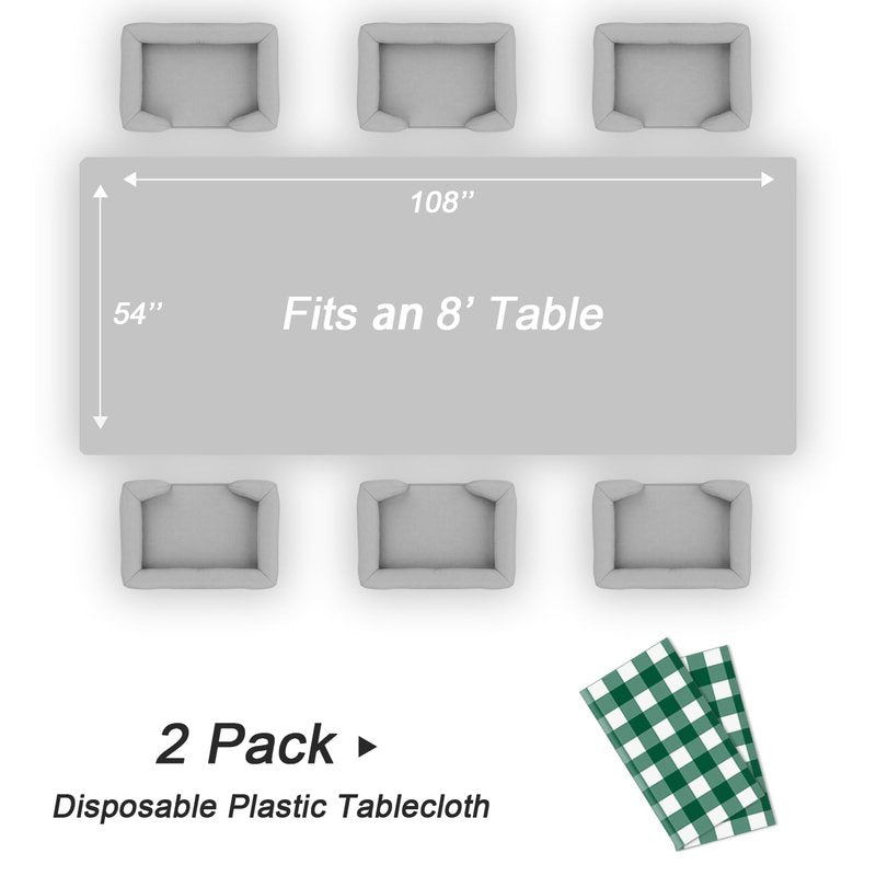 QIKSION Green Gingham Tablecloth Disposable 2 Pack, 54 x 108 Inch Green and White Checkered Table Cloth for Camping, Birthday, Masters Golf Party Supplies, Rectangle, Plastic Table Cover