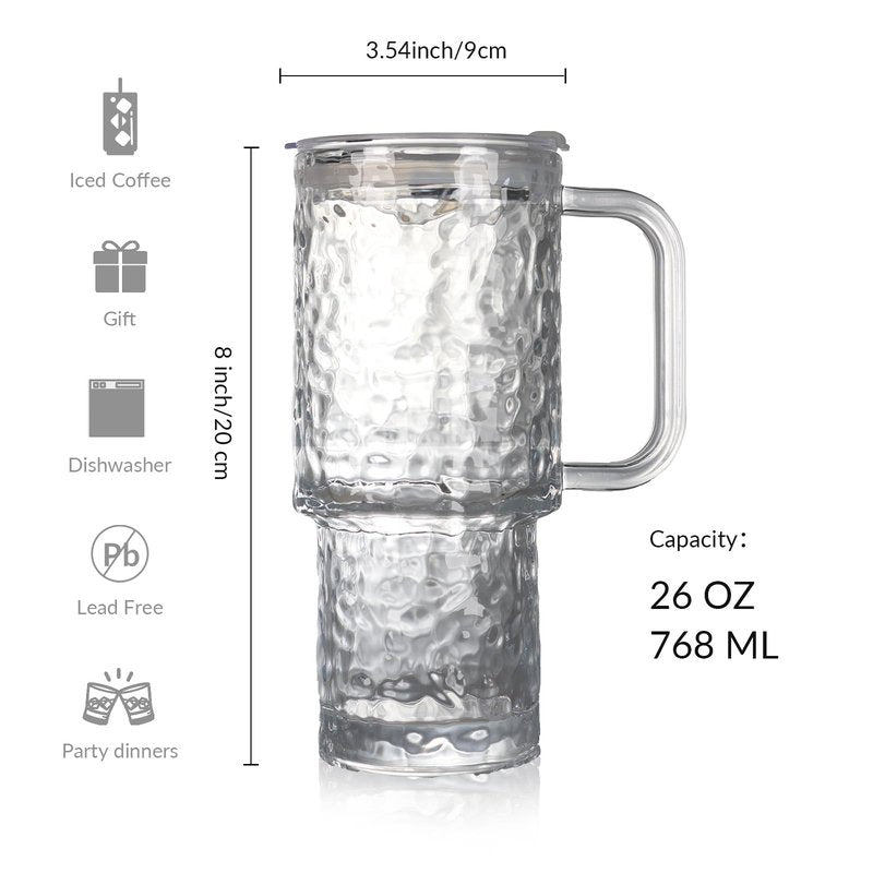 WeirdUncle Glass Tumbler with Handle, Lid and Straw, 26oz Thickened Iced coffee drinking glasses, Large capacity, Unbreakable, Ideal for Office, Travel, Every Day use and Gift (Clear Hammered)