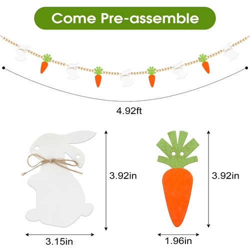 Easter Decorations Pre-Assembled Easter Garland Wooden Bunny Carrot Garland with Beads Easter Decor Rustic Banner for Mantel Fireplace Home Party Farmhouse Spring Decor Wall Decor