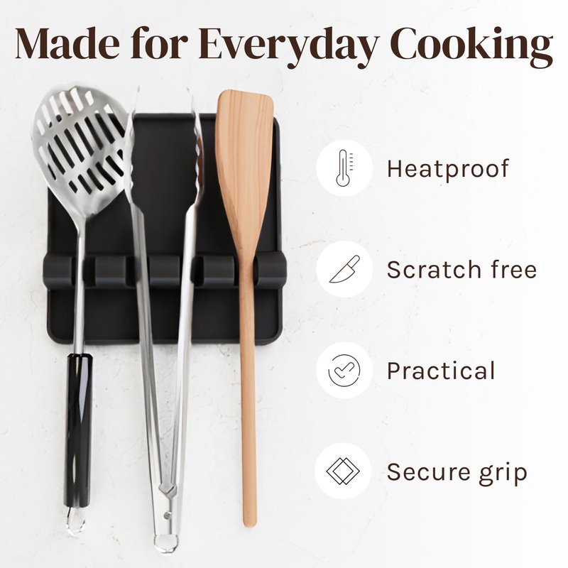 Cooler Kitchen Black Silicone Spoon Rest for Stove Top with Drip Pad (Two Pack) - Heat-Resistant, BPA-Free Utensil Rest & Spoon Holder for Kitchen Counter - Grill Utensil Holder for Spatulas