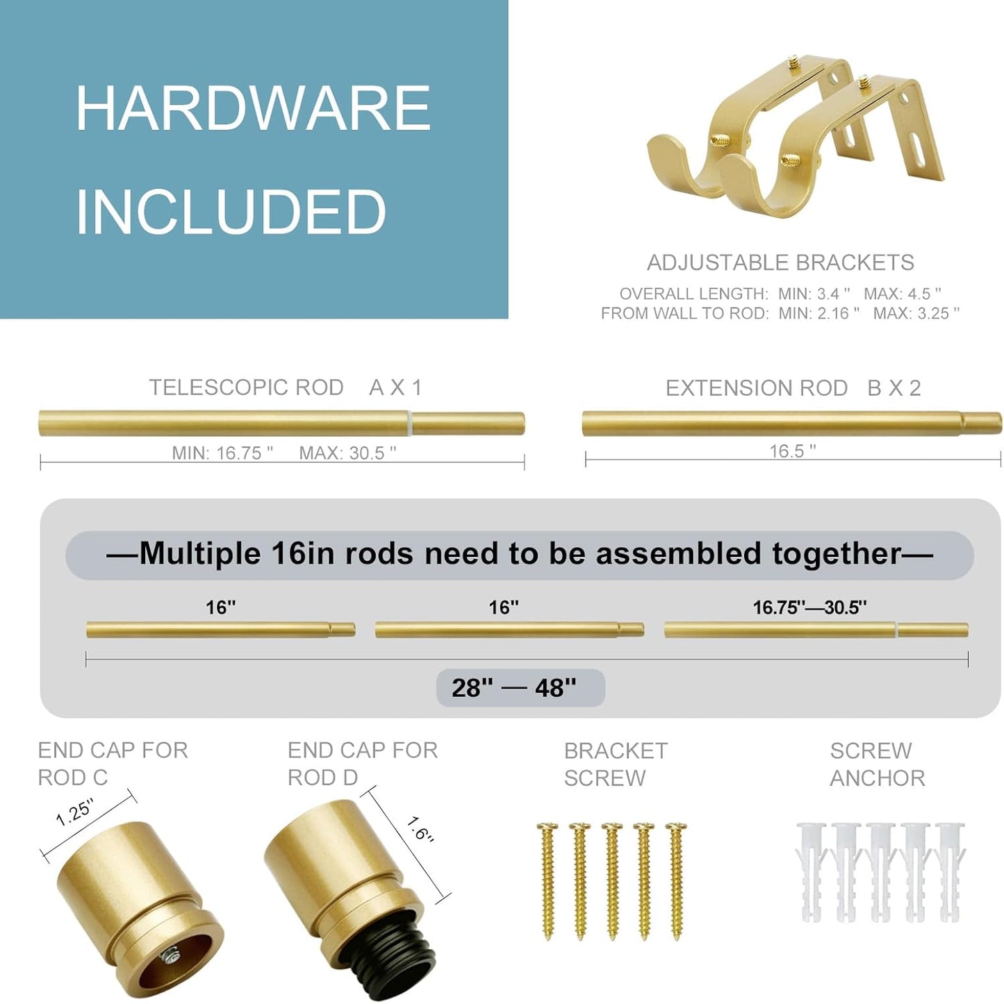 Byondeth Adjustable Curtain Rods - 16 to 60 Inches | 1-Inch Diameter with Flash Gold Aluminium Finials
