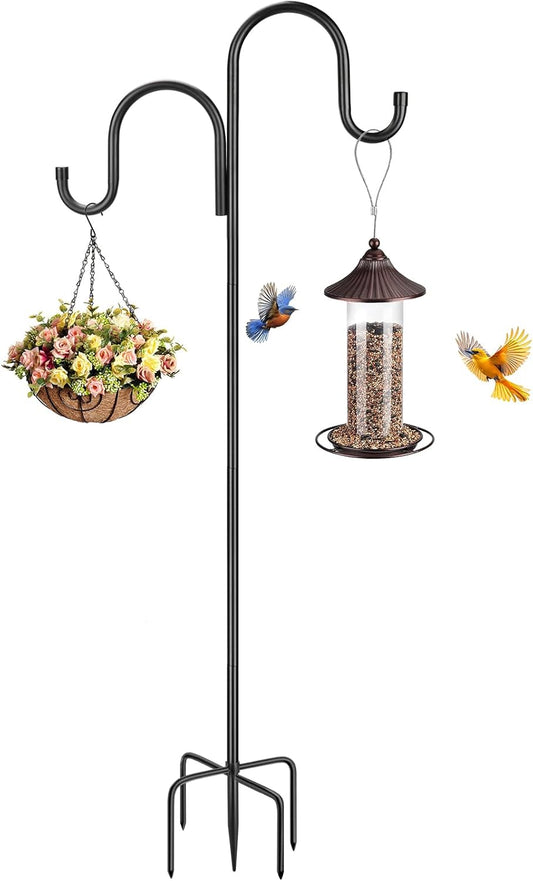 Skiennix 79-Inch Double Shepherds Hooks - Heavy Duty Bird Feeder Pole with 5-Prong Base for Outdoor Use