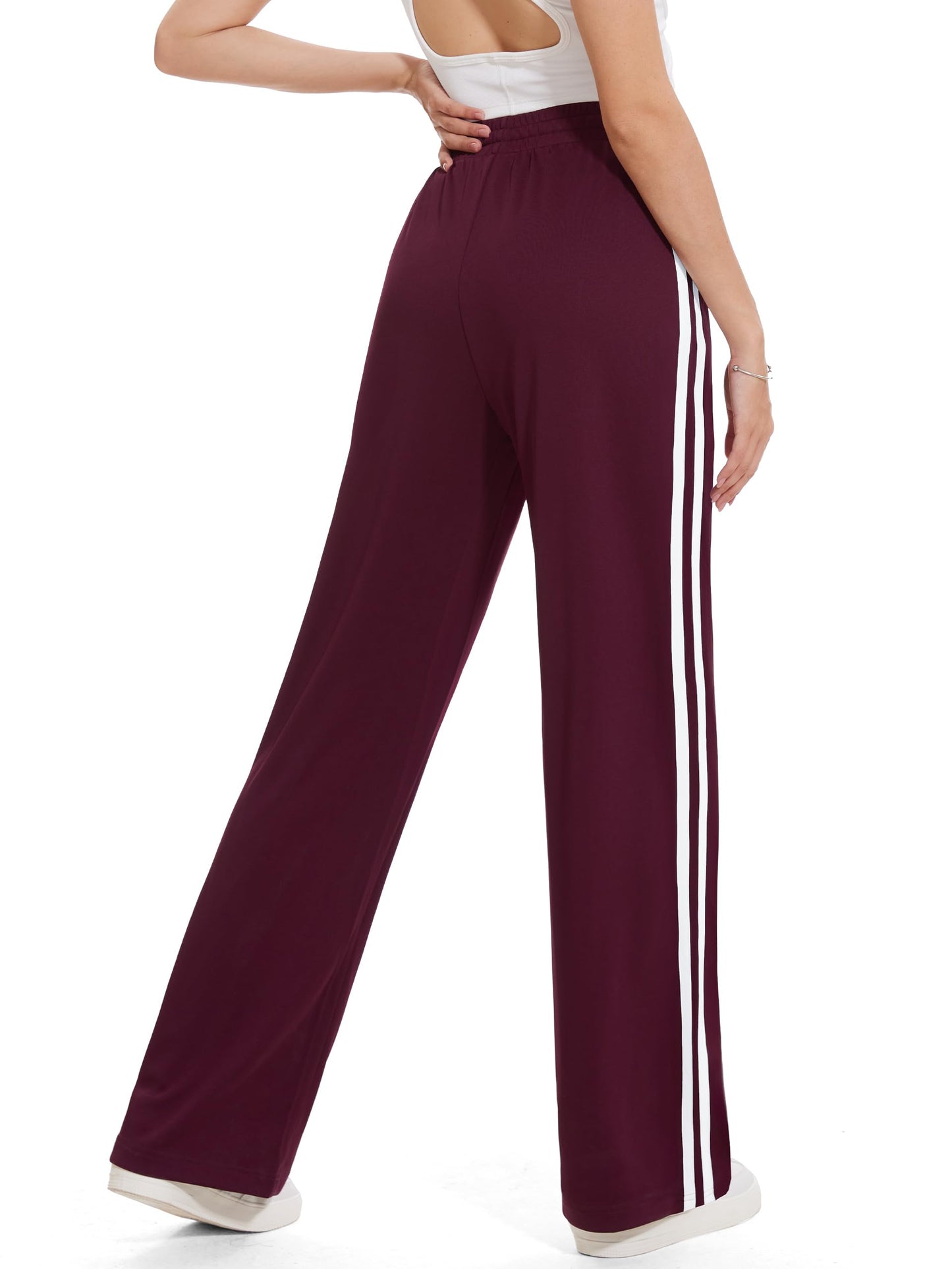 Tapata Extra Tall Woman 36" Inseam Stripes Sweat Pant High Waisted Drawstring Gym Exercise Lounge Joggers, Burgundy, XL