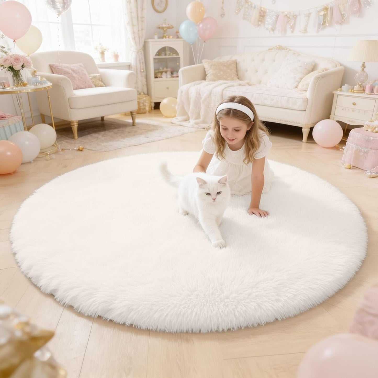 OLANLY Ivory Round Rug - Soft, Fluffy Shaggy Carpet for Bedroom | 4 ft Machine Washable Area Rug