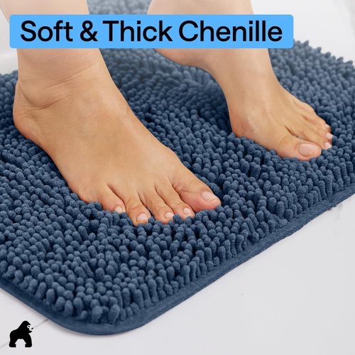 GORILLA GRIP Bath Rug Mat - Soft Absorbent Chenille | Quick Dry Microfiber, 48x17, Navy