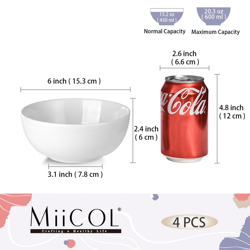 Miicol White Cereal Bowls 20 oz, Ceramic Soup Bowls Set of 4, Breakfast Bowl 6 inch, Kitchen Bowl for Pasta, Salad, Ramen, Oatmeal, Microwave and Dishwasher Safe