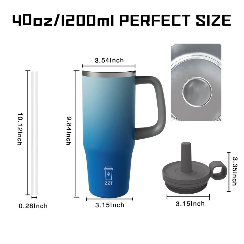 ZZT 40 oz Tumbler with Handle and Straw Lid,Leak Proof Metal Sports Water Bottle Jug,Stainless Steel Insulated Travel Coffee Mug-Fits in Cup Holder-Gifts for Women & Men (Blue White)