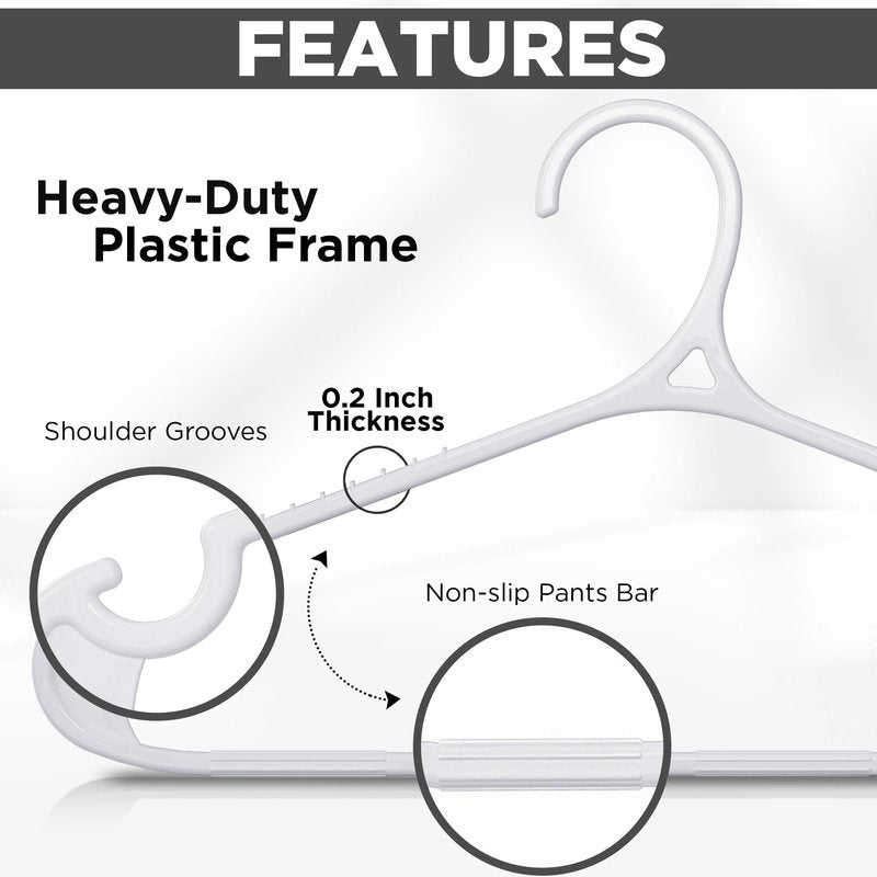 Utopia Home Plastic Hangers 50 Pack for Shirts & Pants – Space-Saving Heavy Duty Plastic Hangers with Non-Slip Shoulder Grooves & Notches - Anti-Slip Pants Bar for Increased Grip (White)