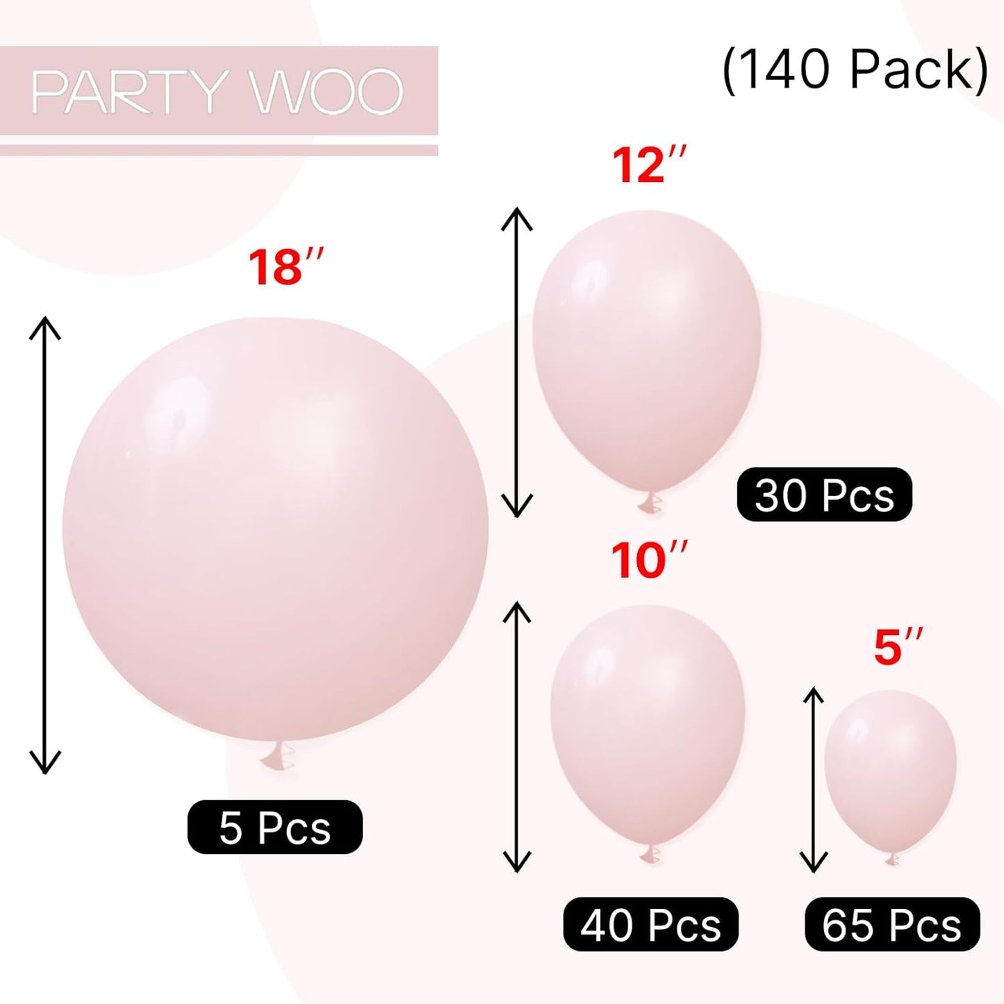 PartyWoo Baby Pink Balloons - 140-Piece Pastel Balloon Arch Kit for Baby Shower & Birthday Decor