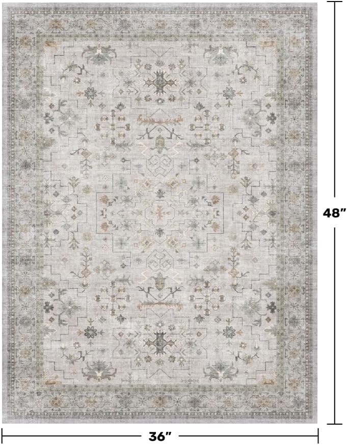 Boho Bathroom Rug by Light Grey | Large 3x4 Washable Floral Design - Non-Slip, Low Pile for Entryway & Bedroom