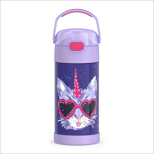 THERMOS FUNTAINER Water Bottle - 12 Ounce Kids Stainless Steel Insulated Bottle with Straw | Cool Caticorns Design