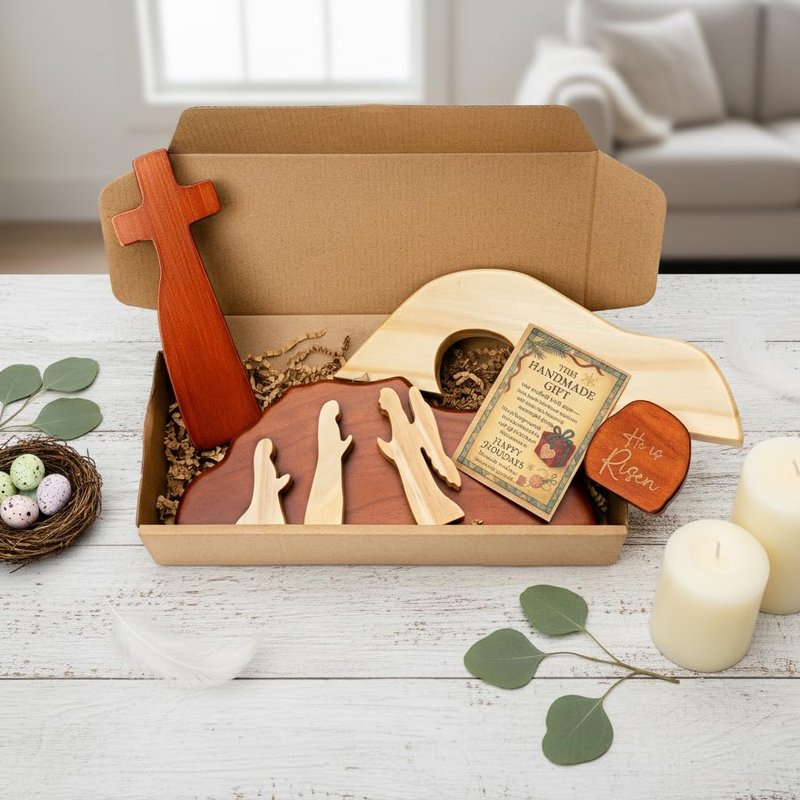 RUSATEN He is Risen Easter Decor – Wooden Resurrection Scene with Empty Tomb, Cross & Figurines, Christian Religious Tabletop Decoration for Home, Faith Easter Gift, Easter Basket Stuffer