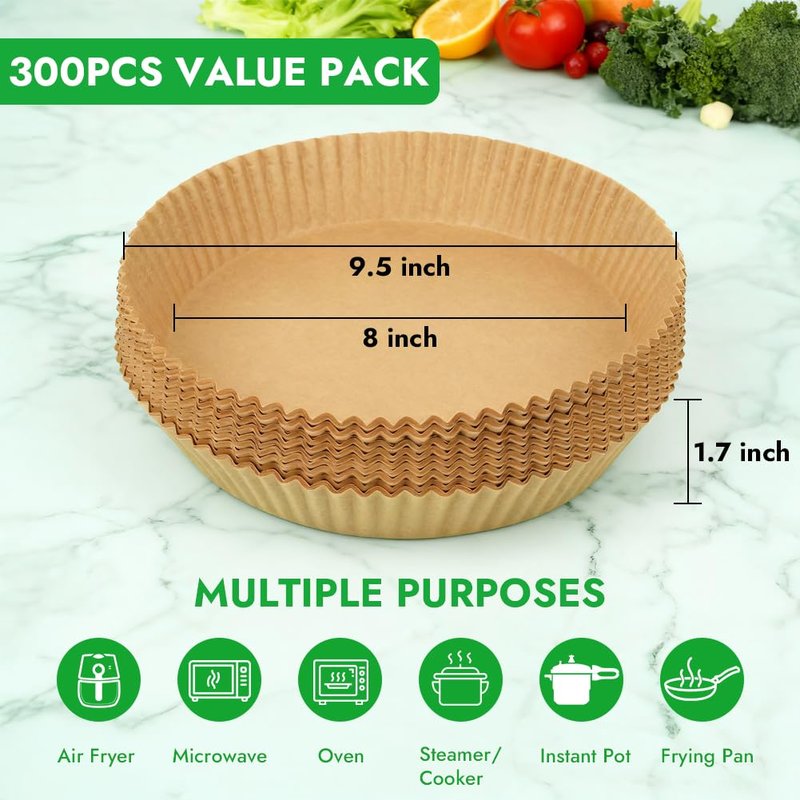 BYKITCHEN 300PCS Disposable Air Fryer Liners for Ninja AF141 5QT Pro AF181 6.5QT, Chefman 6 QT, Cosori 6QT &Other 5 to 8Qt Airfryer, 8 Inch Round Air Fryer Parchment Paper, Airfryer Basket Accessories