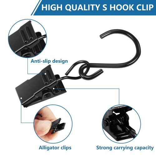 BXUYAOXMC 100-Pack Heavy Duty S Hooks with Clips, 2.36 Inch Metal String Light Clips for Outdoor Patio, Rust-Proof Curtain Hooks for Hanging Christmas Lights, Party Decor, Gutters, Awning - Black
