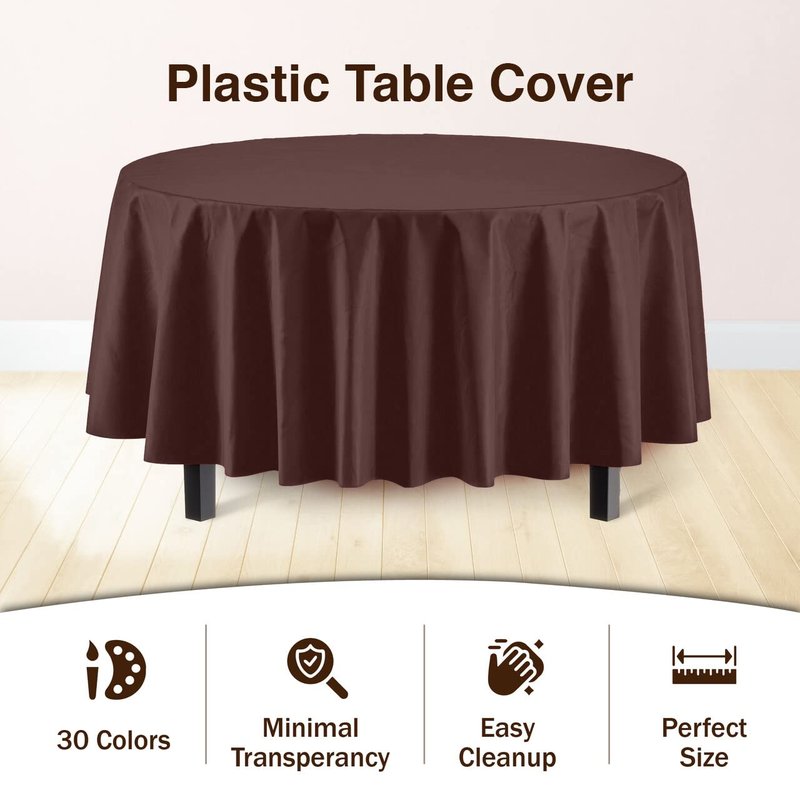 Exquisite Party Solids 6-Pack Premium Plastic Tablecloth 84in. Round Plastic Table Cover - Brown