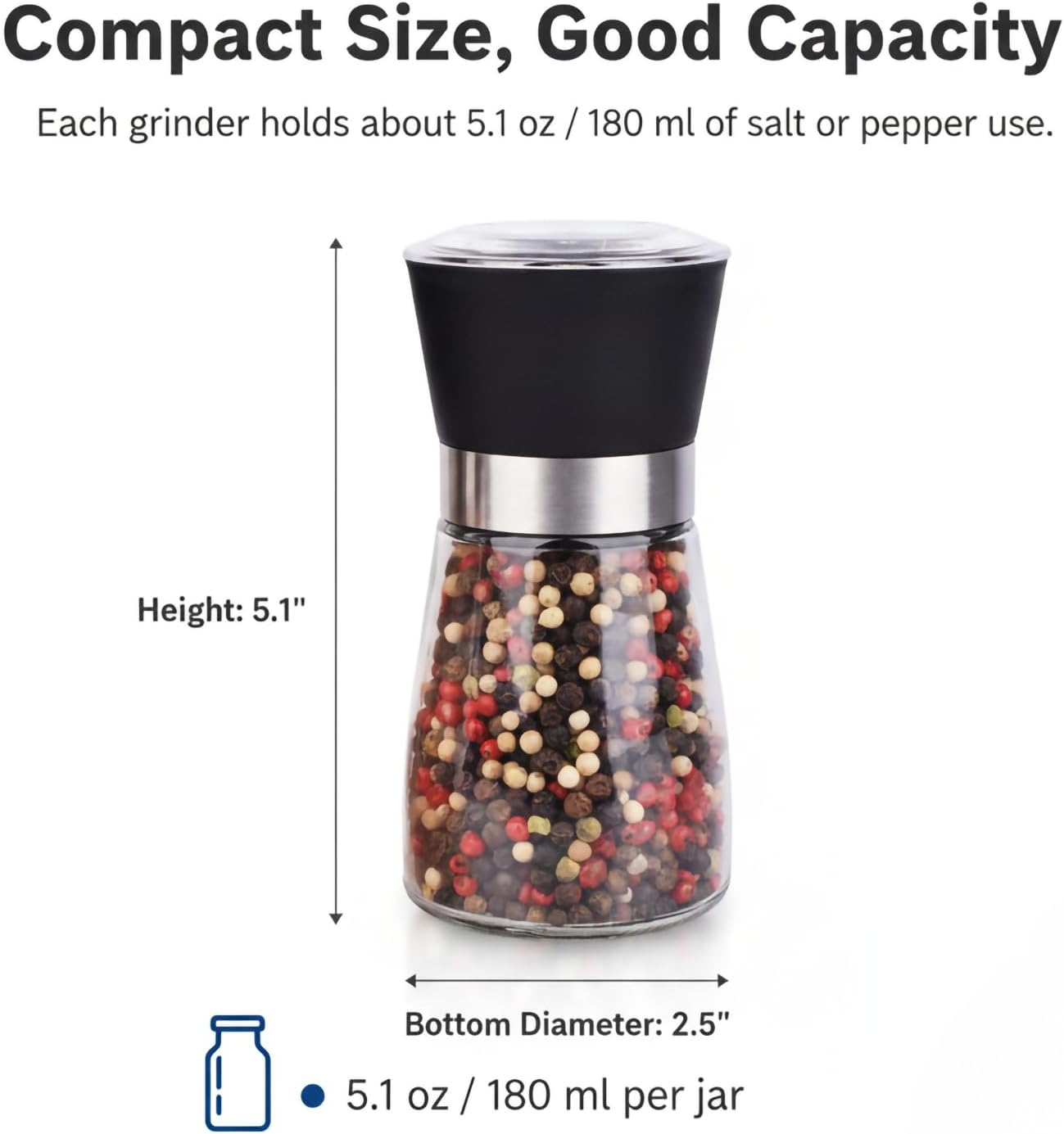 Skiennix Salt and Pepper Grinder Set - Refillable Spice Mills (2.5" x 5.1") for Fresh Seasoning