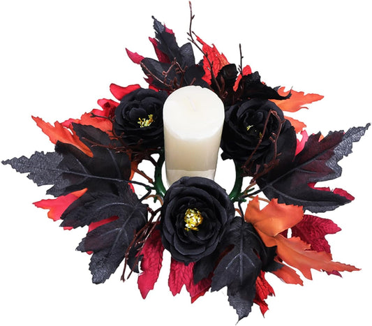 Skiennix Halloween Wreath Candle Rings - Gothic Red & Black Maple Leaf Rose Decor | Perfect for Wall & Table Centerpieces