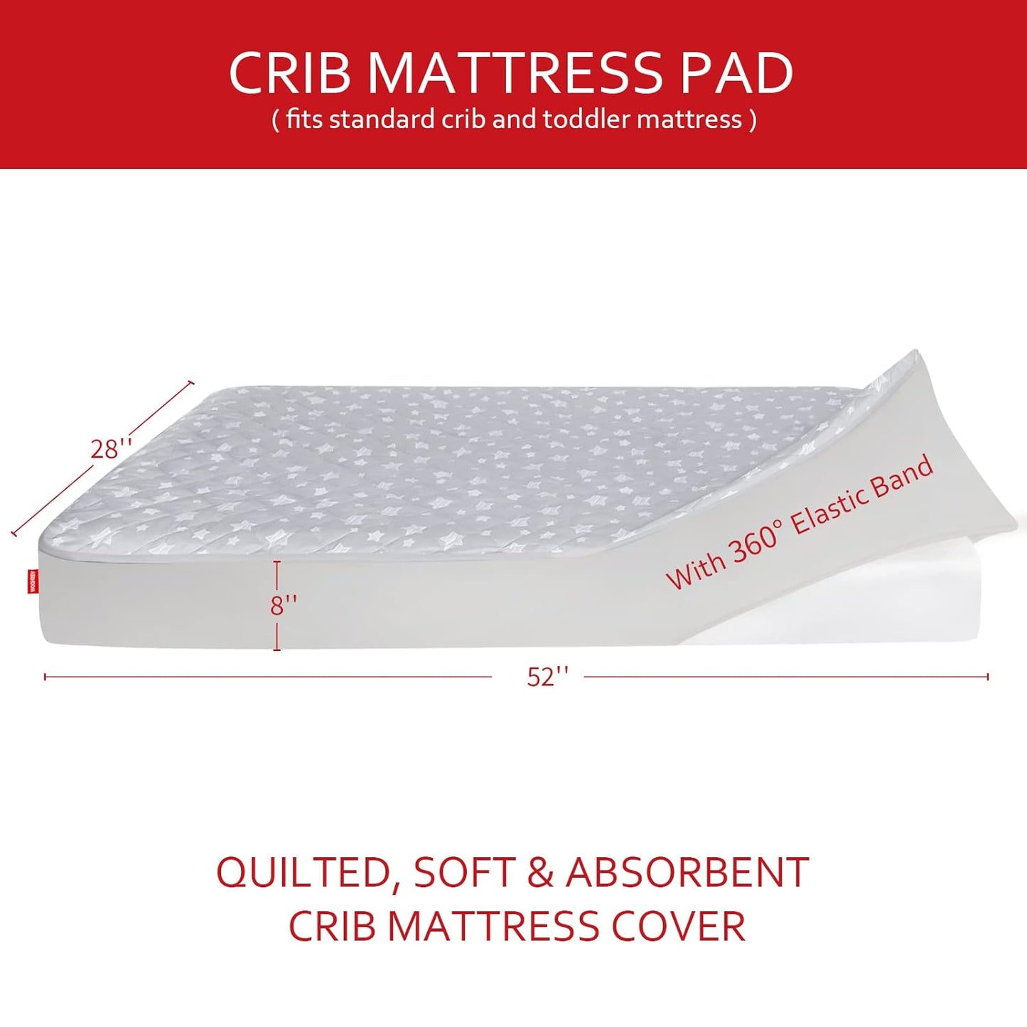 Skiennix Crib Mattress Protector - Waterproof Quilted Pad Cover, Extra Soft & Breathable, 52" x 28", Grey Star