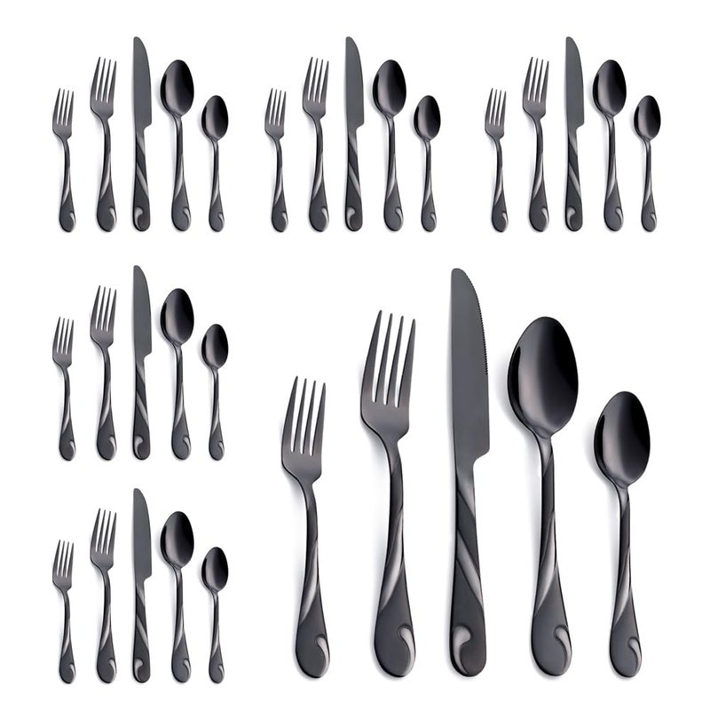 Seeshine Black Silverware Set for 6, 30-Piece Stainless Steel Flatware Set, Shiny Black Metal Cutlery Set, Include Fork, Knife and Spoon Set, Dishwasher Safe