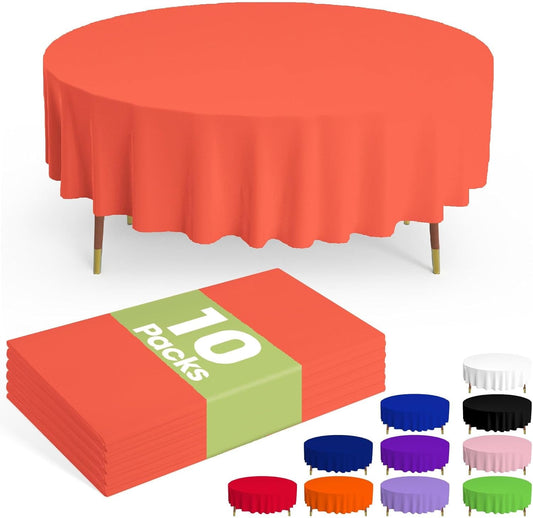 Pureegg Disposable Plastic Table Cloths - 84'' Round, Leakproof & Sturdy for Halloween and Thanksgiving | Orange, 10 Pack