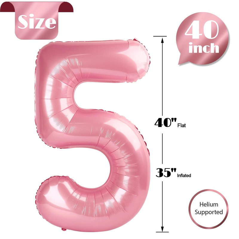 Pearlescent Pink Number 5 Balloon 40 Inch, 5th Birthday Party Decorations for Children, Giant 5 Foil Balloon for Party Supplies