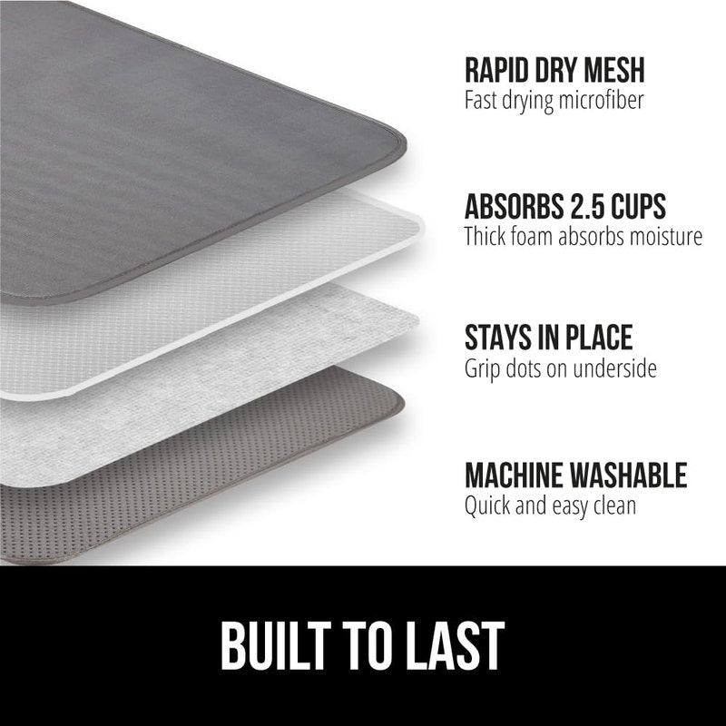 GORILLA GRIP Ultra Water Absorbent Microfiber Dish Drying Mat, Quick Dry Thick Mesh, Slip Resistant Pad for Sink Dishes or Under Rack, Kitchen Counter Accessories, 16x18, Machine Wash Mats, Gray