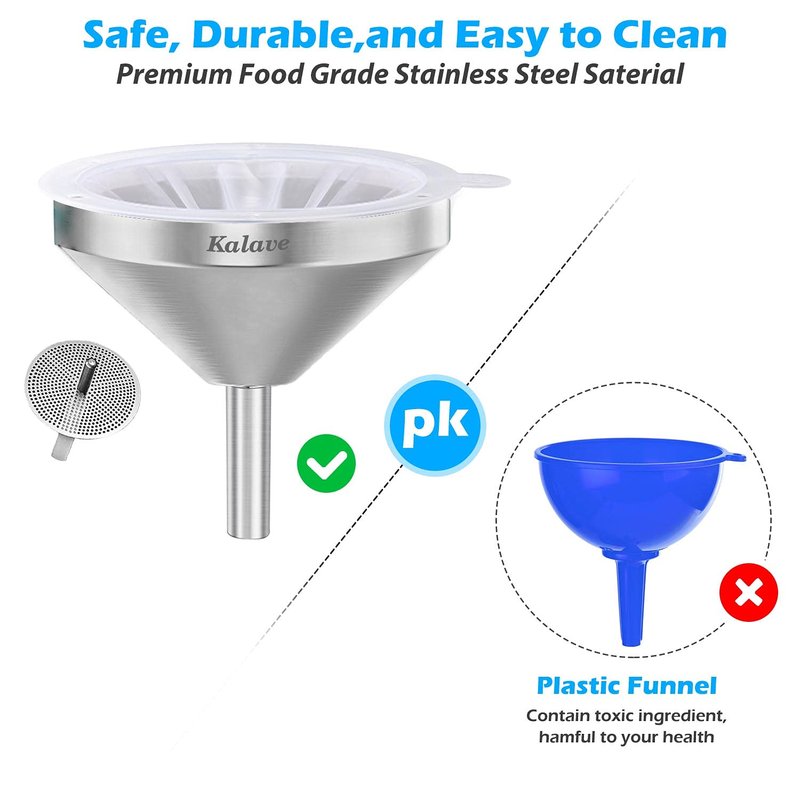 KALAVE Premium Stainless Steel Funnel, 5 Inch Food Grade Kitchen Funnels with 200 Mesh Food Filter Strainer for Filling Bottles, Oils, Juice, Wine, Coffee, Milk