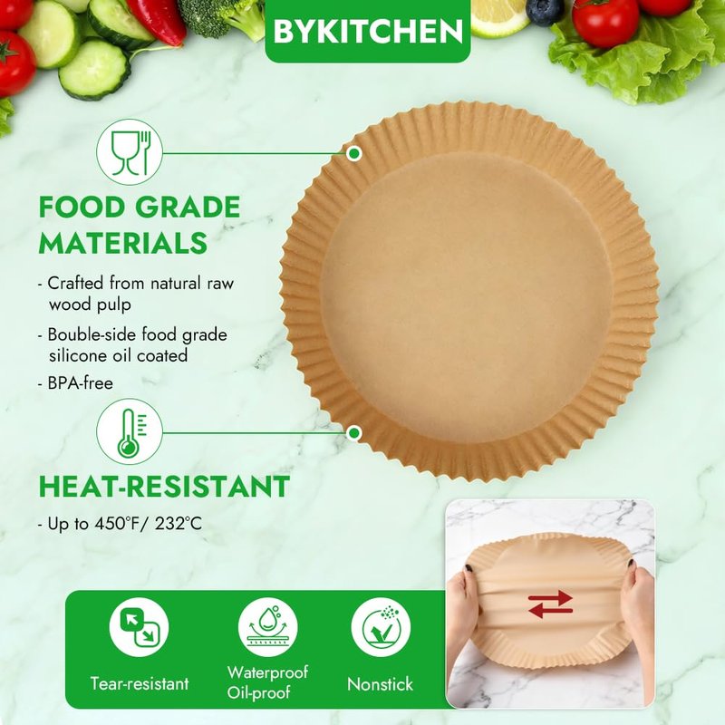 BYKITCHEN 300PCS Disposable Air Fryer Liners for Ninja AF141 5QT Pro AF181 6.5QT, Chefman 6 QT, Cosori 6QT &Other 5 to 8Qt Airfryer, 8 Inch Round Air Fryer Parchment Paper, Airfryer Basket Accessories
