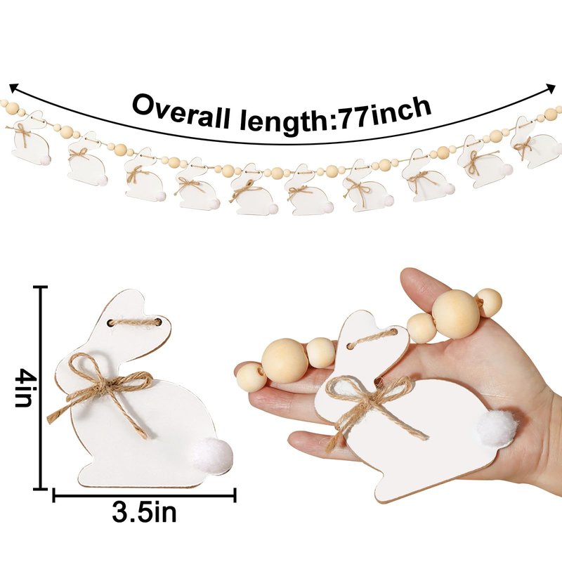 Easter Decorations Garlands, Cute Bunny Easter Garland with Wooden Beads, Rustic Banner for Mantel, Fireplace, Wall, Home, Farmhouse, Office, School Indoor Spring Decor Supplies