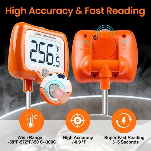 Deep Fry Thermometer - Digital Candy/Candle/Meat Thermometer with Rotatable Large Display, 10'' Long Probe, Programmable Instant Read for Oil Cooking (Orange)