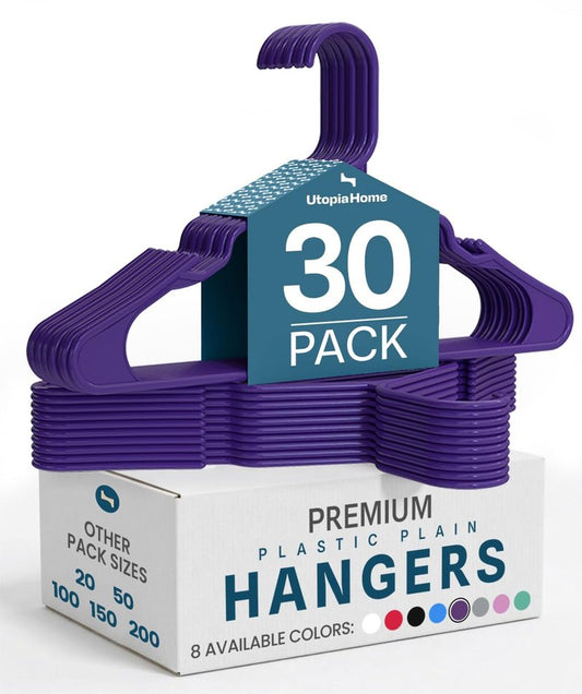 Utopia Home Plastic Hangers 30 Pack - Perfect Space Saving Clothes Hanger - Durable and Strong - Perfect Closet Organizers with Shoulder Grooves (Purple)