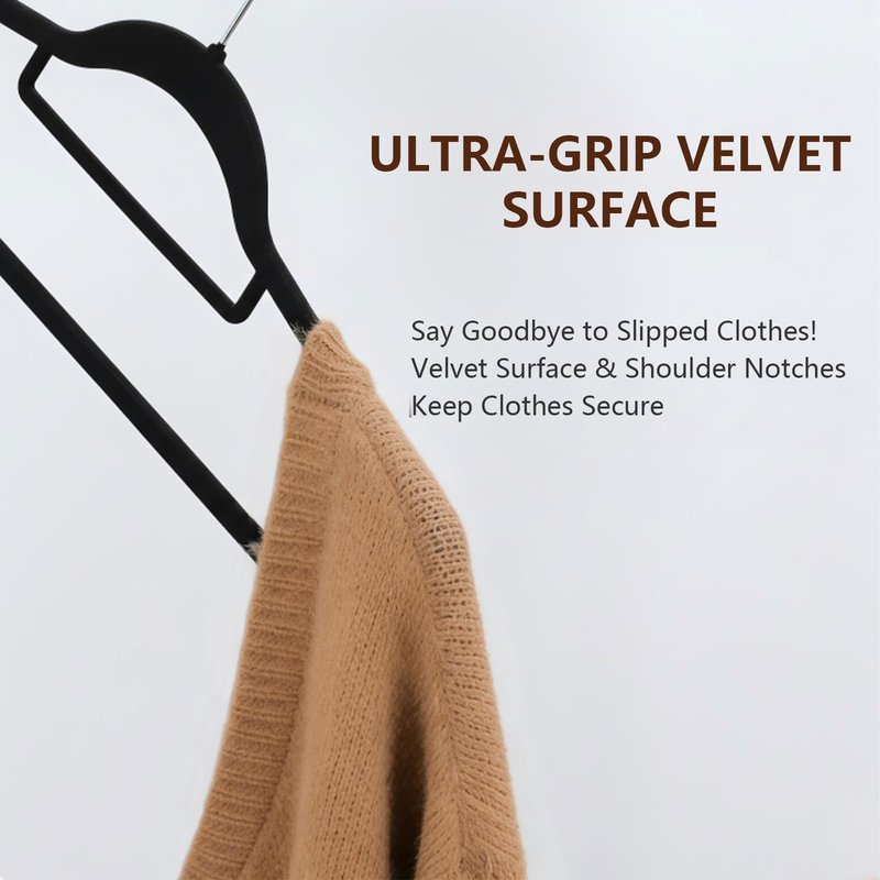 Slim Non-Slip Black Velvet Hangers, Space Saving Heavy Duty Felt Hangers with 360° Swivel Silver Hooks, 50 Pack