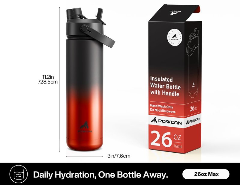 POWCAN 26 oz Insulated Water Bottle with 2-in-1 Straw and Spout Lid, Keep Cold 24H, Leak-Proof, Fits in Car Cup Holder, Stainless Steel Water Bottle for Gift, Gym, Travel and Home (Cerulean Porcelain)