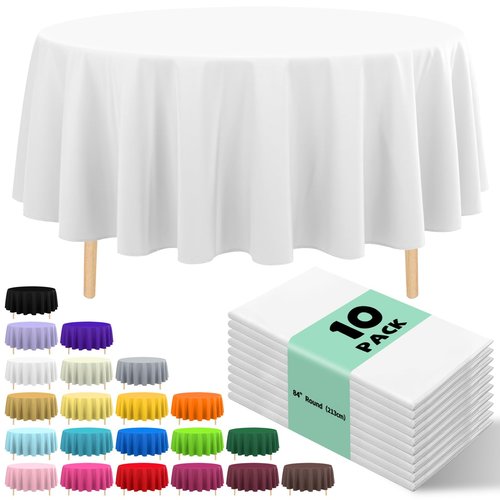 JHDZDHY 10 Pack Premium Disposable Plastic Tablecloth 84" Round Table Cover for Birthdays Weddings Christmas Anniversary Buffet Table (White)
